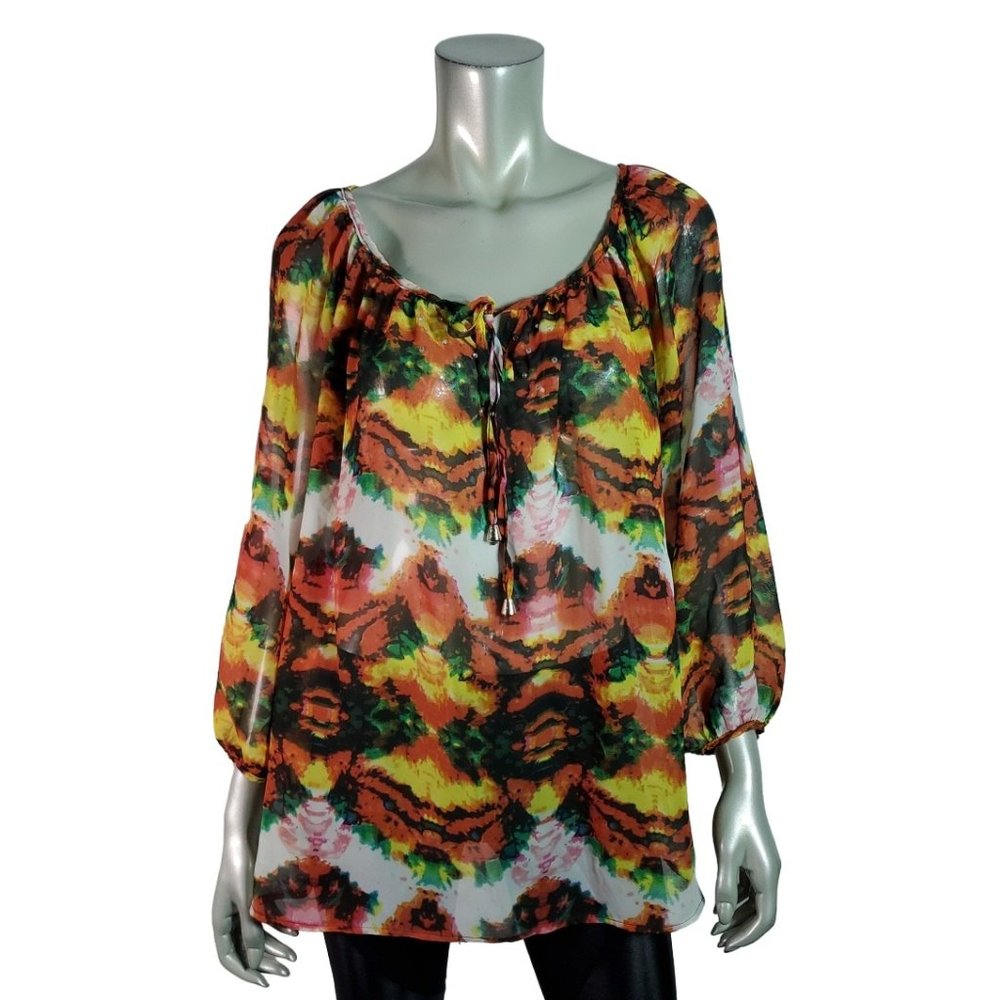 Notations Top Plus Size 2X Sheer Rhinestones High Low Tie Neck Casual Orange